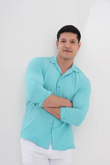 byata.style Summer Men's Shirt Textured Loose Fit Long Sleeve Oversize Men's Shirt Turquoise