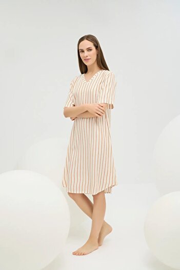 Sevim 16722 Beige Striped V-Neck Home Wear Nightgown