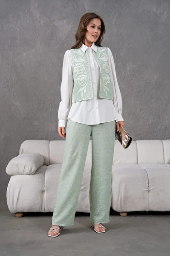 Miss Allos Women's Front and Back Embroidered Pearl and Stone Detailed Linen Vest and Pants Bottom Top Set