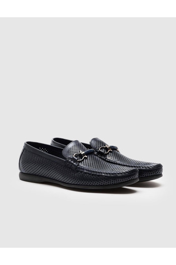 Cabani Genuine Leather Navy Blue Men's Loafers with Laser Detailed Buckle Accessories