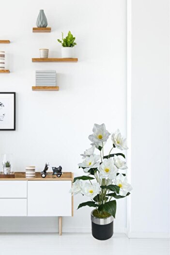 Nettenevime Yapay Çiçek Islak Manolya Çiçeği 12 Çiçekli 65cm Gümüş Halkalı Galvaniz Vazoda Salon Çiçeği