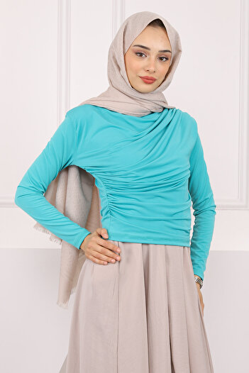 İmajButik Light Green Turtleneck Draped Sandy Blouse