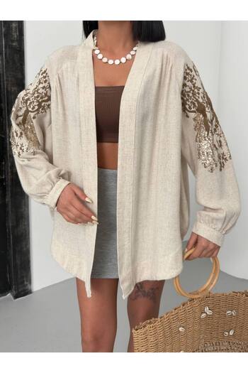 By Kuzey Aras Bohemian Style Ethnic Patterned Beige Linen Kimono