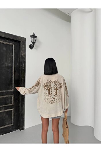 By Kuzey Aras Bohemian Style Ethnic Patterned Beige Linen Kimono