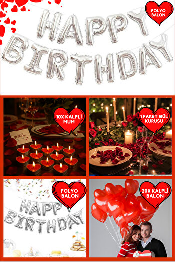 Baloncu Dede Heart Balloon Happy Birthday Foil Balloon Heart Candle Set Dried Rose Set Valentine's Birthday Helium