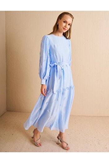 Kayra Ice Blue Jacquard Dress, Floral Applique Design