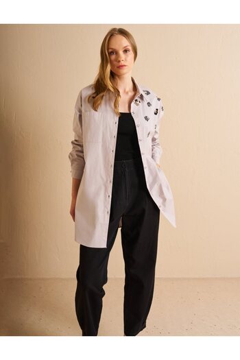 Kayra Sequin Embroidered Poplin Tunic in Gray Color