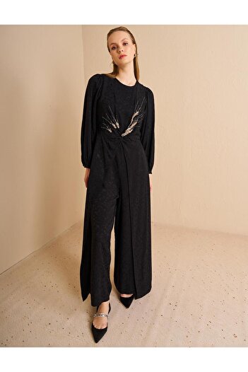 Kayra Stone Embroidered Satin Evening Dress Jumpsuit Black