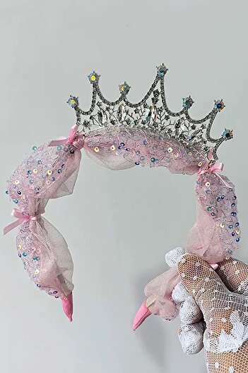TAKIŞTIR Pink Color Stone Detailed Tulle Children's Crown