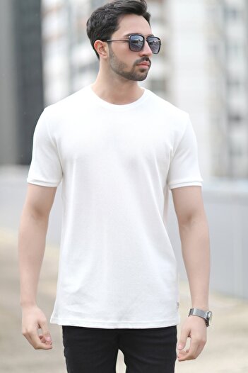 JB John Borners Men's Crew Neck Waffle Fabric Textured T-Shirt White - 2709