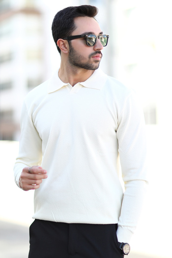 JB John Borners Men's White Polo Neck 100% Micro Flament Knitted Ribbed Knitwear Sweatshirt - 1920