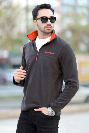 JB John Borners Ανδρικός γιακάς Fleece Anthracite με μισό φερμουάρ με λεπτομέρεια κέντημα Regularfit - 6001