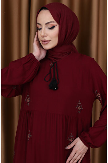 sefamerve Desenli Viskon Elbise 4083-11 Bordo