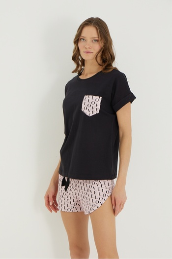 İPEKTENİM Love Text Patterned Pocket Detailed Shorts Pajama Set