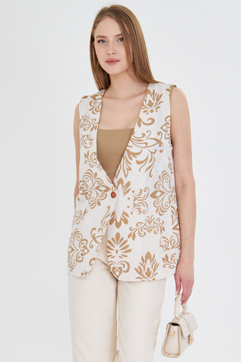 armonika Women's Mink V-Neck Single Button Oversize Patterned Vest Arm-25Y 001032