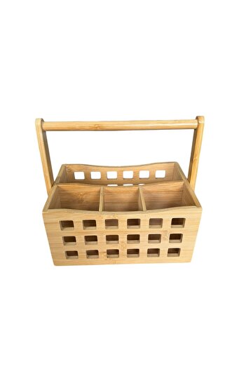 safestore 4 Compartments with Handle Bamboo Cutlery Basket Bamboo Organizer Pen Holder Multi-Purpose Bamboo Basket 23X15 cm