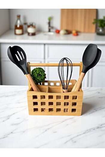 safestore 4 Compartments with Handle Bamboo Cutlery Basket Bamboo Organizer Pen Holder Multi-Purpose Bamboo Basket 23X15 cm