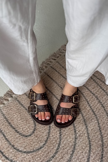 SHOEBELLAS Gale Bitter Brown Double Buckle Pin Detailed Women's Slippers