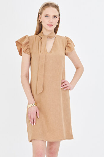 armonika Women's Mink V-Neck Dress with Ruffled Sleeves and Tie Detail Arm-25Y 001022