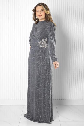 SUBU TASARIM Gray Stone Print Detailed Evening Dress Tbsmda2522
