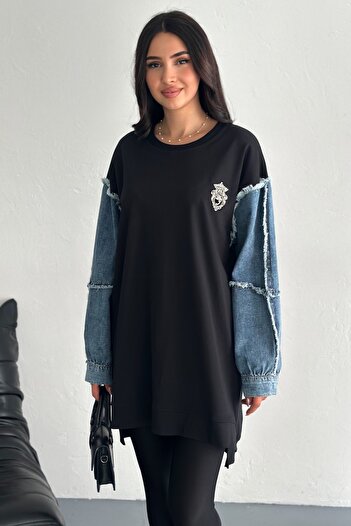 FEMELLE Women's Navy Blue Sleeves Denim Stone Accessory Detailed Wide Fit Dress