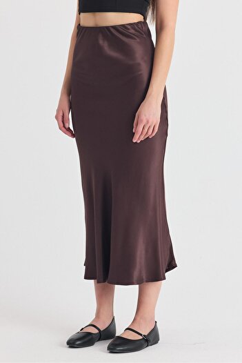 Rays Fusta midi din satin cu talie elastică bej închis 9427