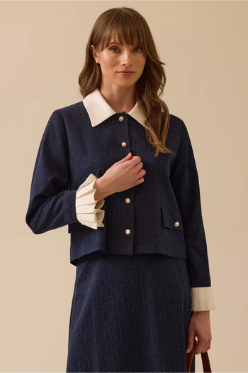 SEÇİL Women's Sleeve Detailed Buttoned Patterned Jacket - Navy Blue
