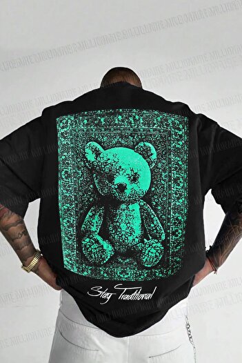 Millionaire Men's Black Traditional Teddy Bear Teddy Bear Oversize Fit Loose Wide Fit Loose Cut T-Shirt
