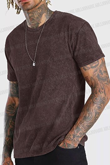 Millionaire Men's Brown Regular Acid Washed T-Shirt with Tumbled Effect