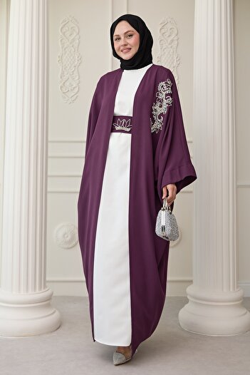 InStyle Yakası Taşlı Yarasa Kol Elbiseli Abaya Mor