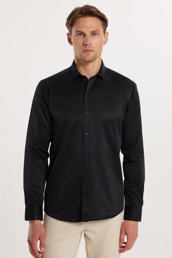 Tudors Modern Slim Fit Uzun Kollu Düz Saten Pamuklu Erkek Siyah Gömlek