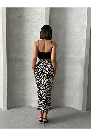 ÇEÇİM Women's Leopard Patterned Lycra Elastane Midi Skirt Zyn-58770