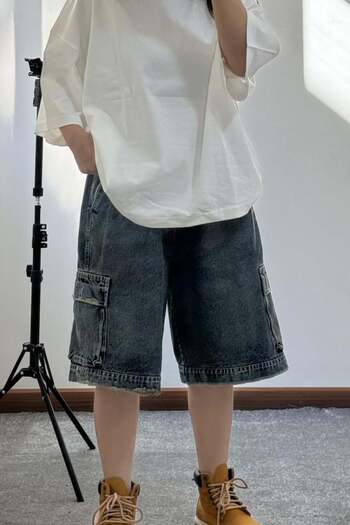 Karakedi Baggy Unisex Denim Shorts with Cargo Pockets
