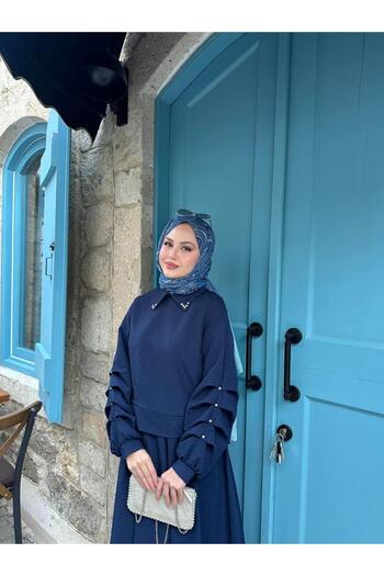 Cardella Stone Detailed Patterned Jacquard Fabric with Collar and Sleeves Double Set Hijab Matching Blouse Skirt Double Set