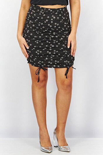 Sinsay Women Ruched Floral Mini Skirt, Black