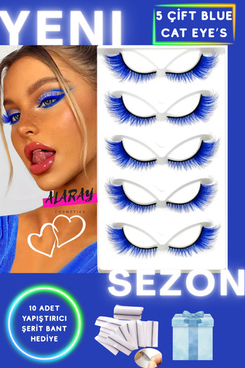 alaraycosmetics RENKLİ TAKMA İPEK KİRPİKLER CAT EYE'S NATUREL MAVI KİRPİKLER 5 ÇİFT+10 ADET YAPIŞTIRICI BANT HEDİYE