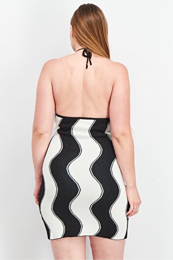 NA-KD Women Wavy Stripe Halter Neck Knitted Mini Dress, White