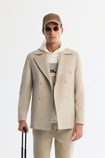 Avva Men's Beige Double Breasted Closure Side Pocket Wool Lined Stamp Coat A42Y6065