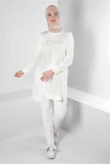 Alvina 43348 Model Text Printed and Button Detailed Tracksuit Tunik