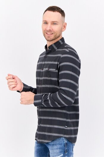 Nautica Men Classic Fit Stripe Print Long Sleeve Casual Shirts, Dark Grey