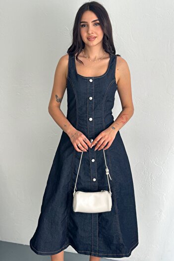 FEMELLE Women's Navy Blue Buttoned Denim Dress