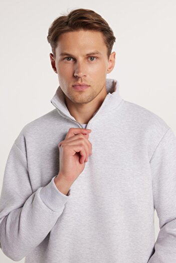Tudors Unisex Relax Fit Relaxed Cut Cotton Fleece Inside Half Zipper Gray Stand Collar Sweatshirt