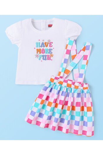 Babyhug Babyhug Text Printed Top & Checkered Skirt With Suspender - Multicolor