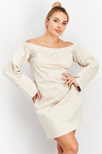 NA-KD Women Slip Off Shoulder Cut Out Mini Dress, Beige