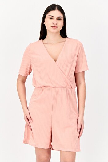 DOROTHY PERKINS Women Ribbed Short Sleeve Playsuit, Peach