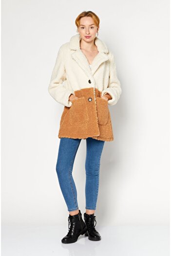 French Connection Women Two Tone Faux Fur Jacket, Beige