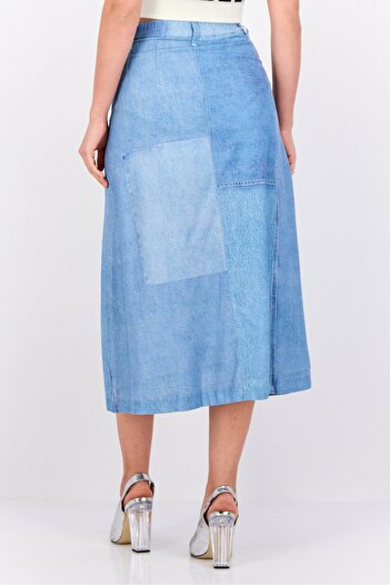 Esprit Women Washed Denim Midi Skirts, Light Blue