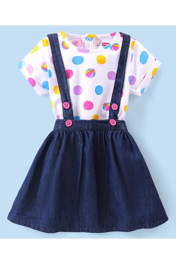 Babyhug Babyhug Denim Skirt with Polka Dots Printed Top - White & Blue