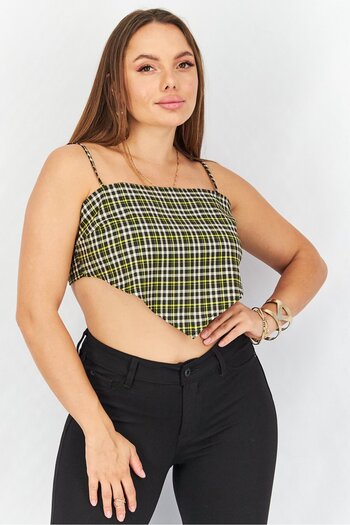 collusion Women Squared Neck Sleeveless Gingham Crop Top, Black Combo