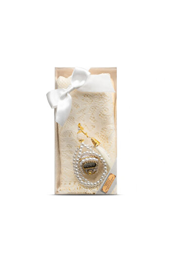 Hayrat Neşriyat Rosary + Lacy Shawl + Zikirmatik Gift Set (Kraft Acetate Box, Cream)